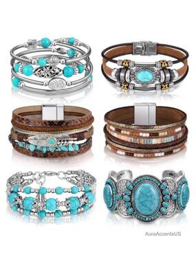 Turquoise Western Wrap Bracelet Set 6pcs Boho Cuff Leather Bracelets for Women